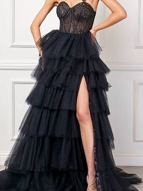 Amelia Couture Elegant Black Tiered Ruffle Evening Dress